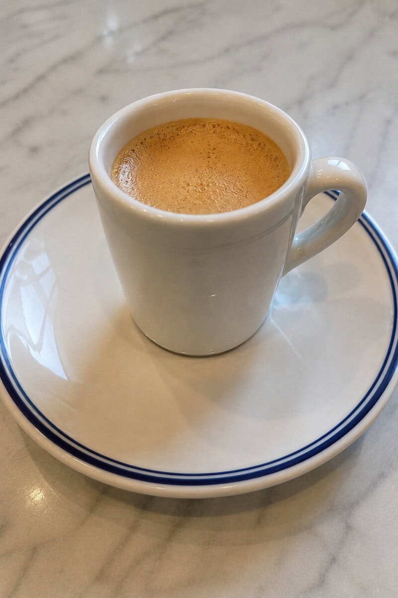 Delicious freshly brewed Cuban coffee espresso served in a white ceramic cup on a matching saucer. Perfect for co.