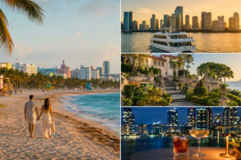 Couple enjoying South Beach, Biscayne Bay, Vizcaya gardens and a Miami rooftop during a romantic weekend