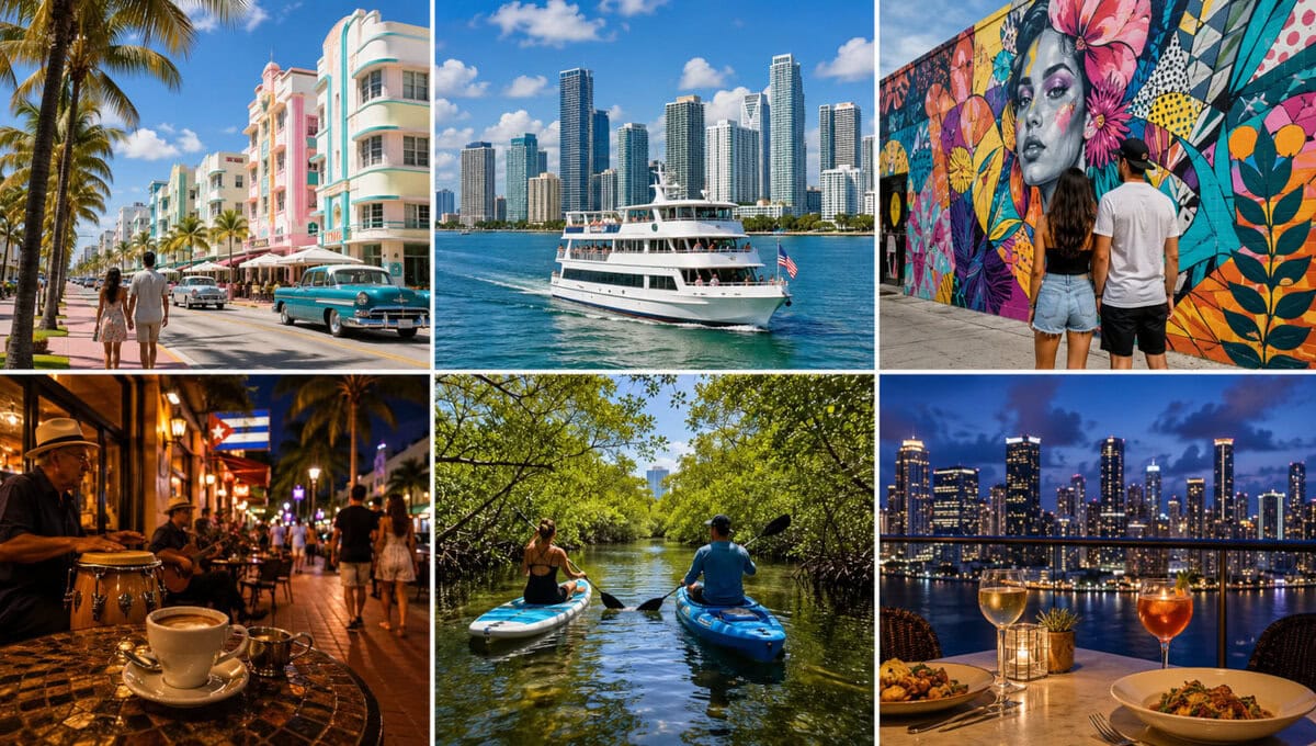 Miami date ideas for couples including South Beach, Wynwood murals, Little Havana music, kayaking and Biscayne Bay views
