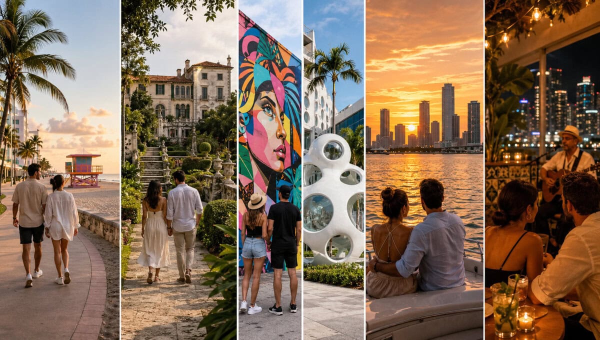 One-day Miami itinerary for couples with South Beach, Vizcaya, Wynwood, Biscayne Bay sunset and Little Havana at night