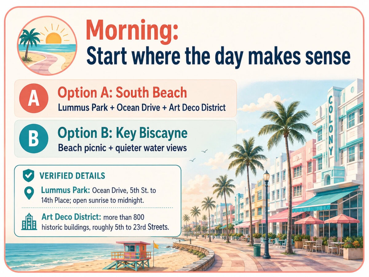 Morning Miami couples itinerary with South Beach, Lummus Park, Ocean Drive, Art Deco District and Key Biscayne beach options