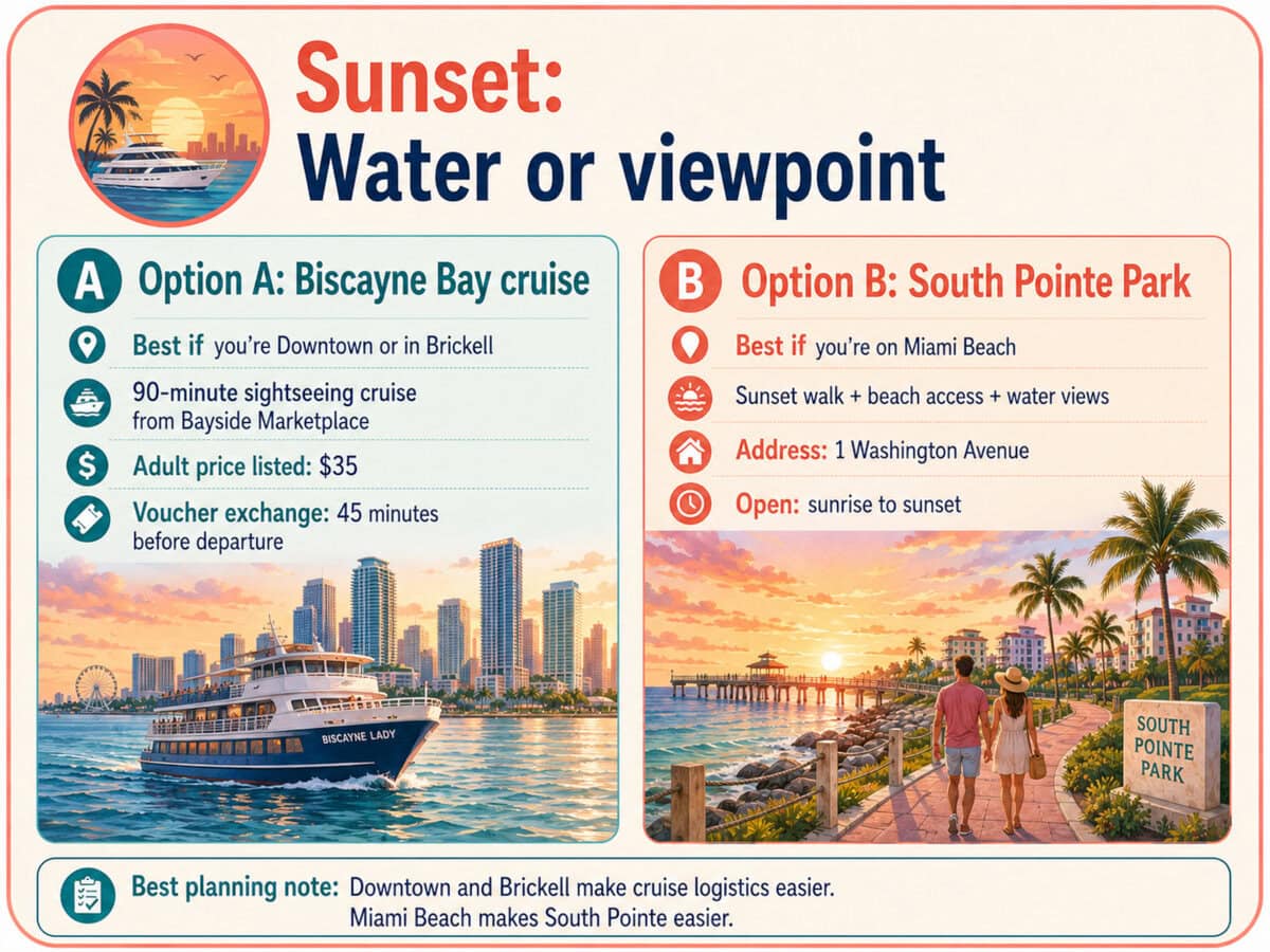 Miami sunset options for couples comparing Biscayne Bay cruise from Bayside Marketplace and South Pointe Park sunset walk