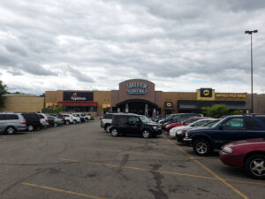 Parking lot in front of Lakeview Square Mall with stores and cars.