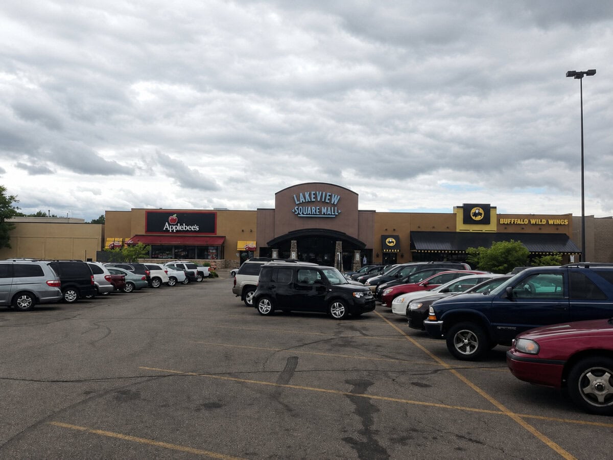 Parking lot in front of Lakeview Square Mall with stores and cars.