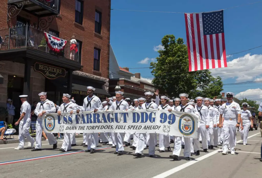 Crew of the USS Farragut DDG99 march in the 2017 Bristol Fourth of July Parade