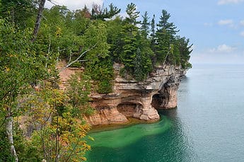 A view from the hiking trail above the Pictured Rocks National Lakeshore on Lake Superior near Munising, MI