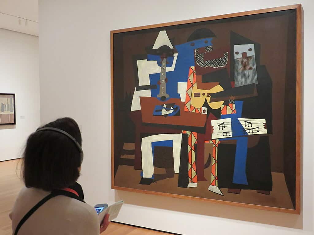 'Three Musicians' (1921), painting by Pablo Picasso (1881 - 1973), Museum of Modern Art, 11 West 53rd Street, New York City.
